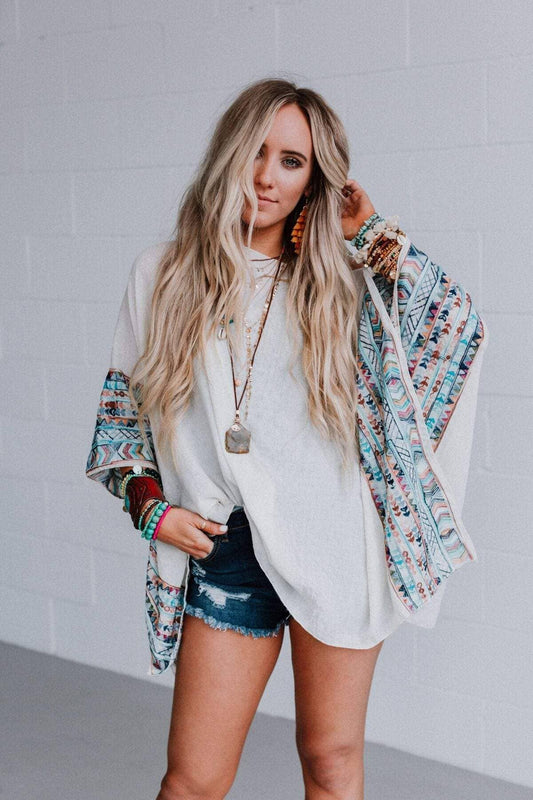 Fallon Embroidered Sleeve Poncho - Ivory: OS